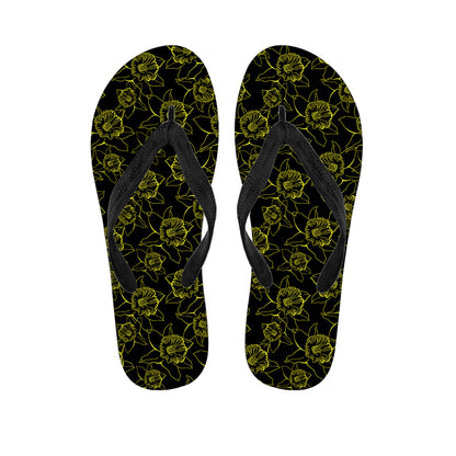 Black And Yellow Daffodil Pattern Print Flip Flops