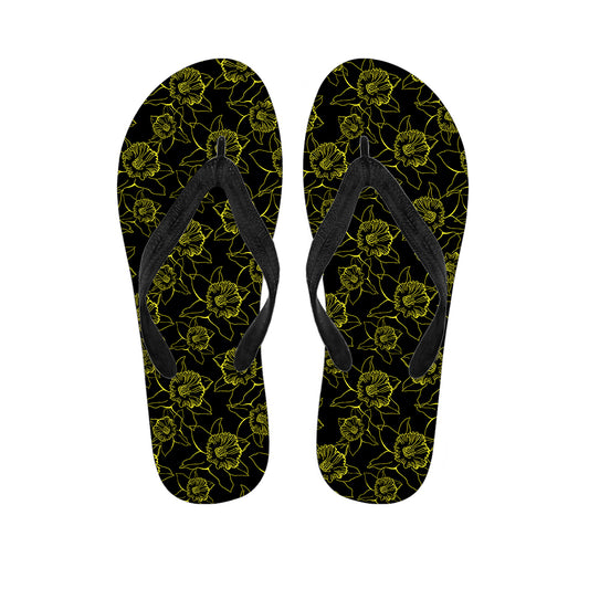 Black And Yellow Daffodil Pattern Print Flip Flops
