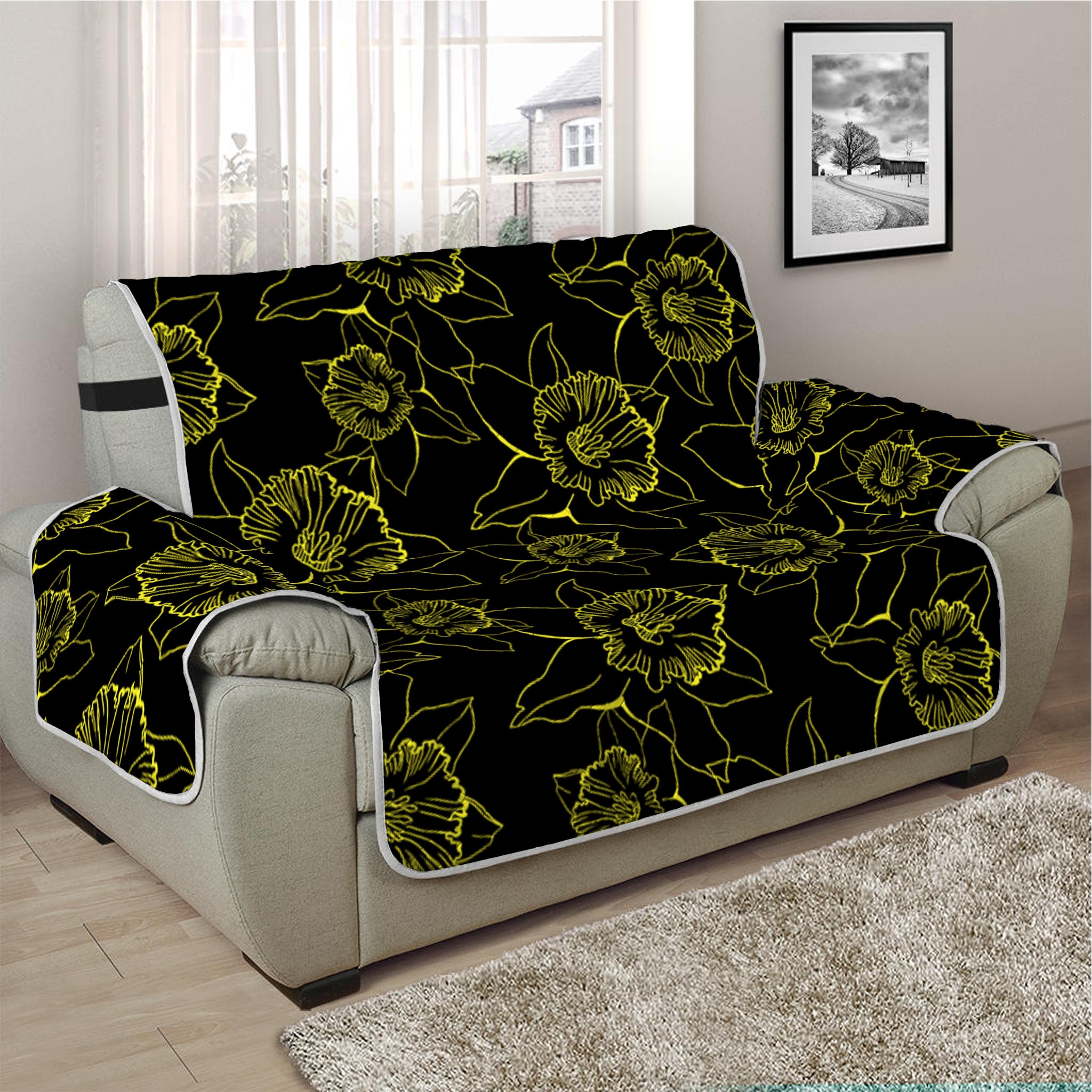 Black And Yellow Daffodil Pattern Print Half Sofa Protector