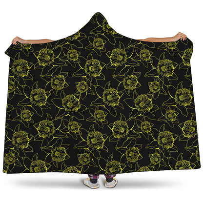 Black And Yellow Daffodil Pattern Print Hooded Blanket