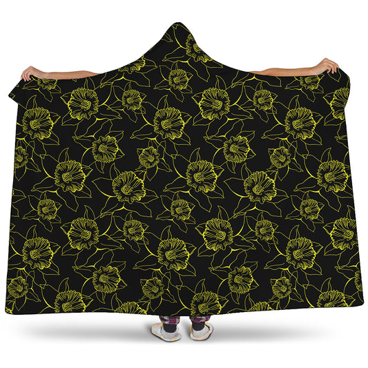 Black And Yellow Daffodil Pattern Print Hooded Blanket