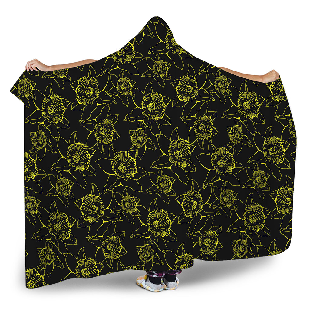 Black And Yellow Daffodil Pattern Print Hooded Blanket