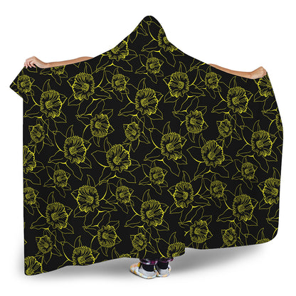 Black And Yellow Daffodil Pattern Print Hooded Blanket