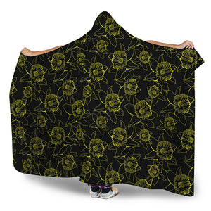 Black And Yellow Daffodil Pattern Print Hooded Blanket