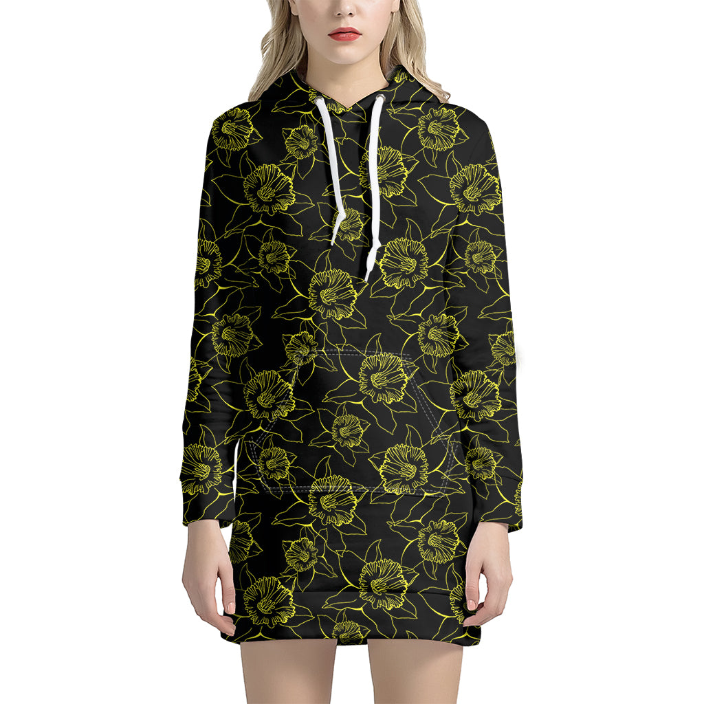 Black And Yellow Daffodil Pattern Print Hoodie Dress