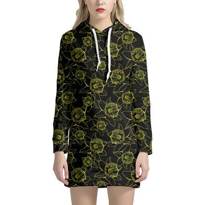 Black And Yellow Daffodil Pattern Print Hoodie Dress