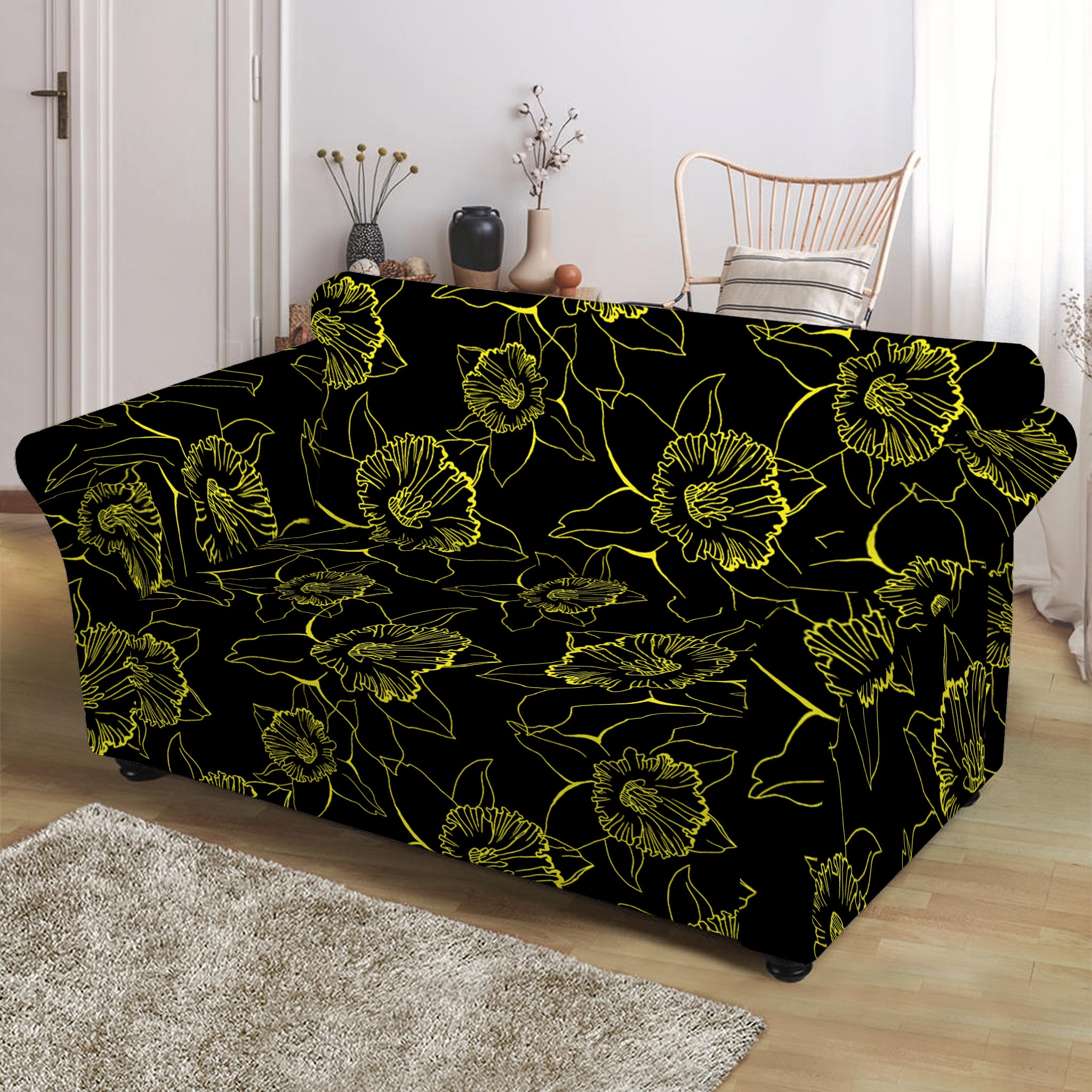 Black And Yellow Daffodil Pattern Print Loveseat Slipcover