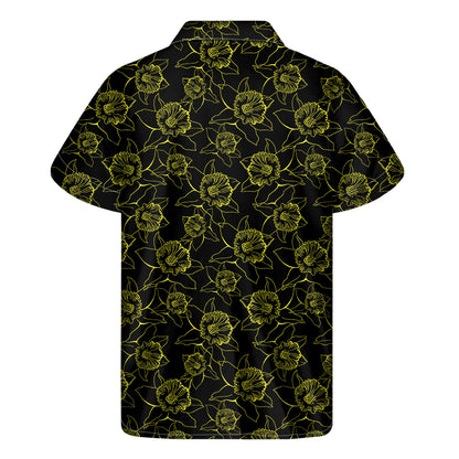 Black And Yellow Daffodil Pattern Print Men's Short Sleeve Shirt