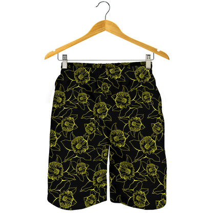 Black And Yellow Daffodil Pattern Print Men's Shorts