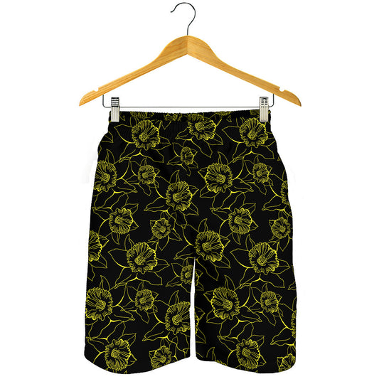 Black And Yellow Daffodil Pattern Print Men's Shorts