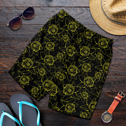 Black And Yellow Daffodil Pattern Print Men's Shorts