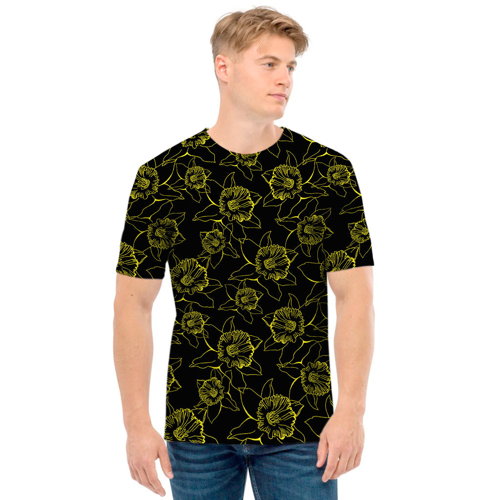 Black And Yellow Daffodil Pattern Print Men's T-Shirt