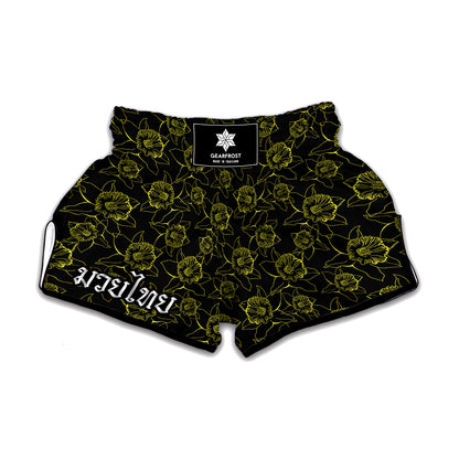 Black And Yellow Daffodil Pattern Print Muay Thai Boxing Shorts