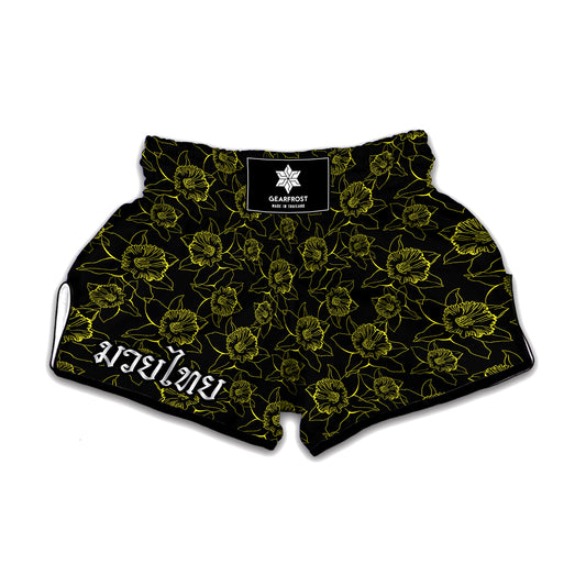 Black And Yellow Daffodil Pattern Print Muay Thai Boxing Shorts