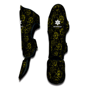 Black And Yellow Daffodil Pattern Print Muay Thai Shin Guard