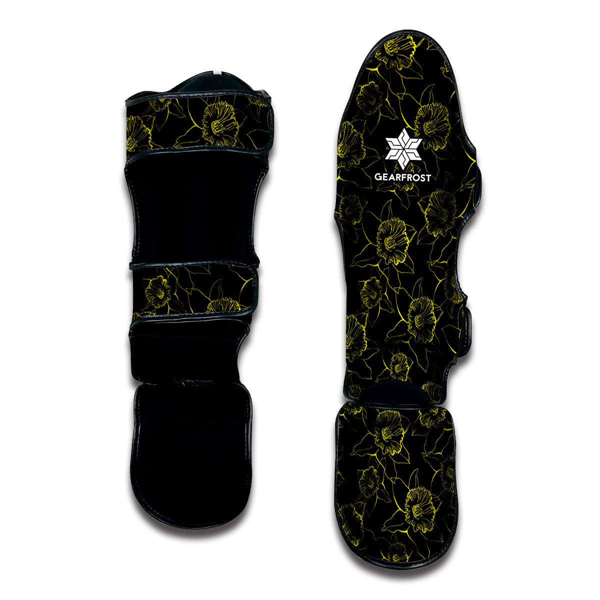 Black And Yellow Daffodil Pattern Print Muay Thai Shin Guard