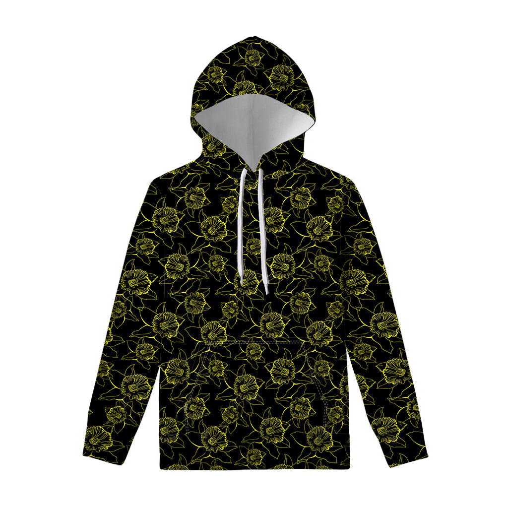 Black And Yellow Daffodil Pattern Print Pullover Hoodie