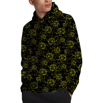 Black And Yellow Daffodil Pattern Print Pullover Hoodie