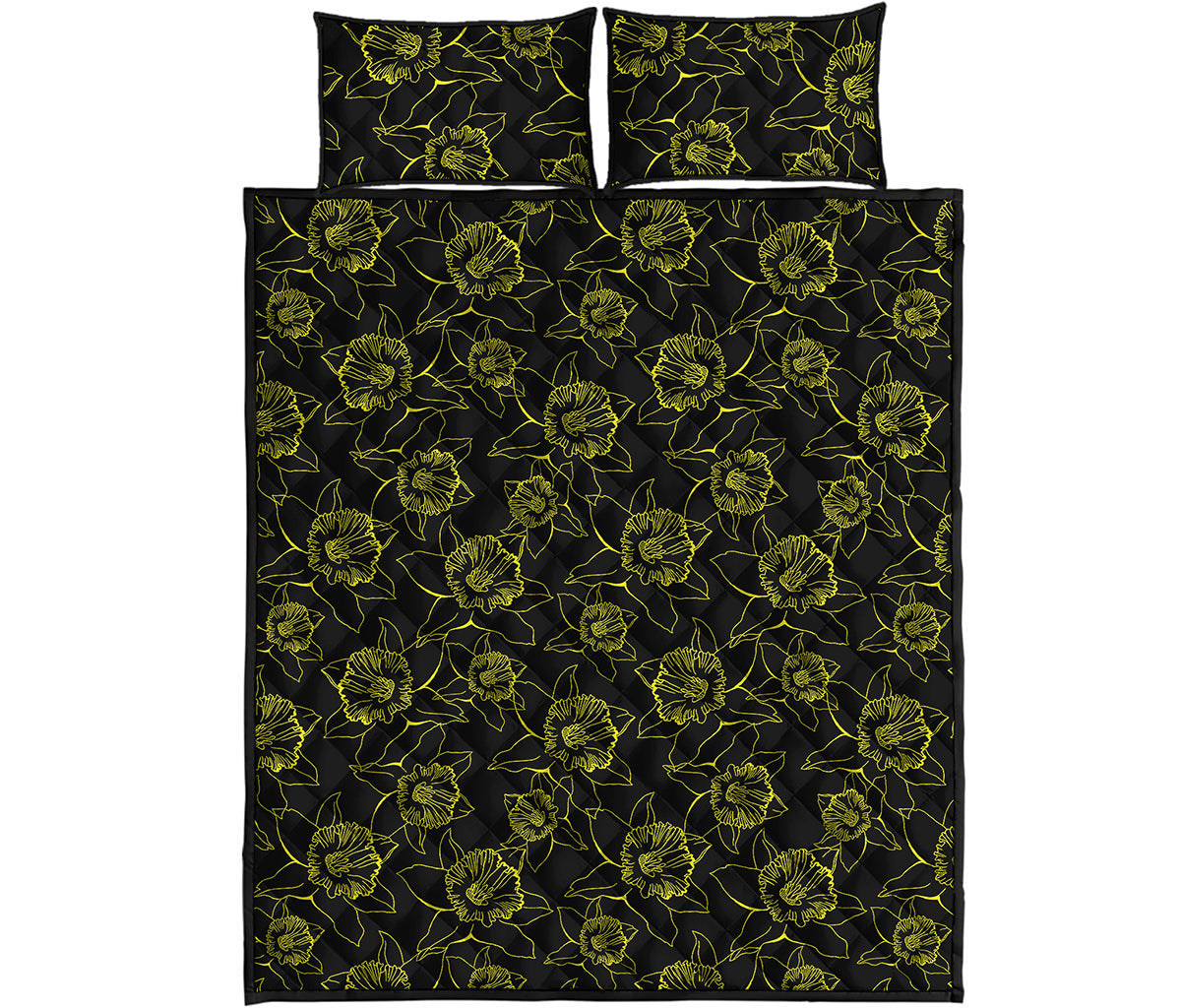 Black And Yellow Daffodil Pattern Print Quilt Bed Set