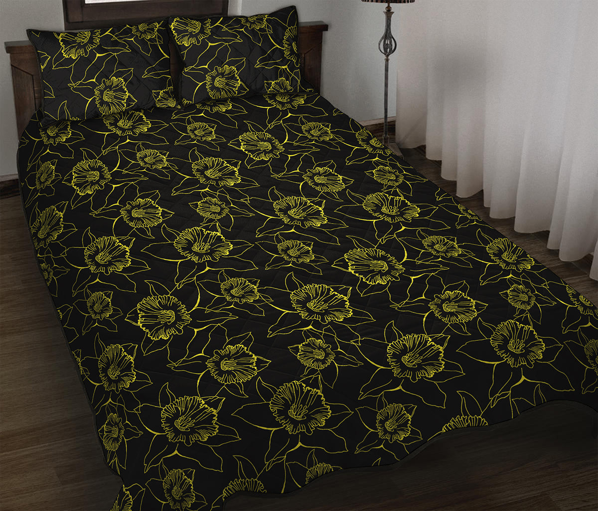 Black And Yellow Daffodil Pattern Print Quilt Bed Set