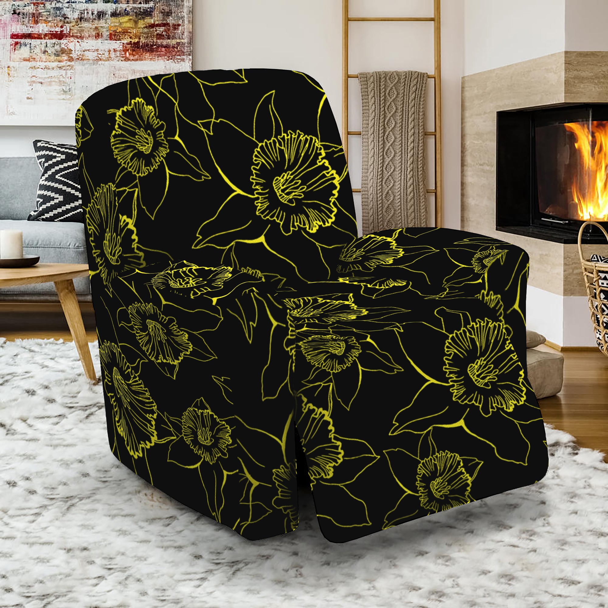 Black And Yellow Daffodil Pattern Print Recliner Slipcover