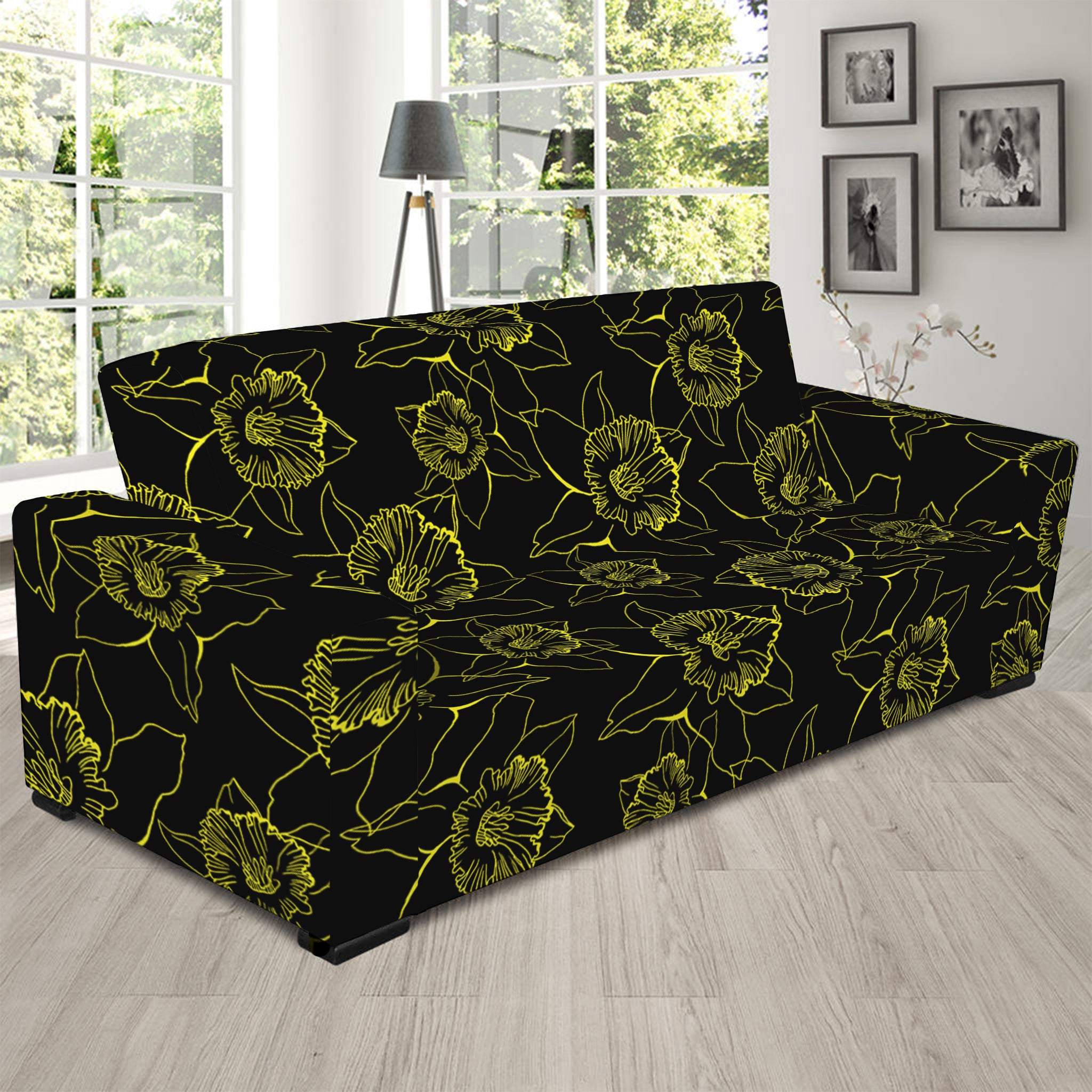 Black And Yellow Daffodil Pattern Print Sofa Slipcover