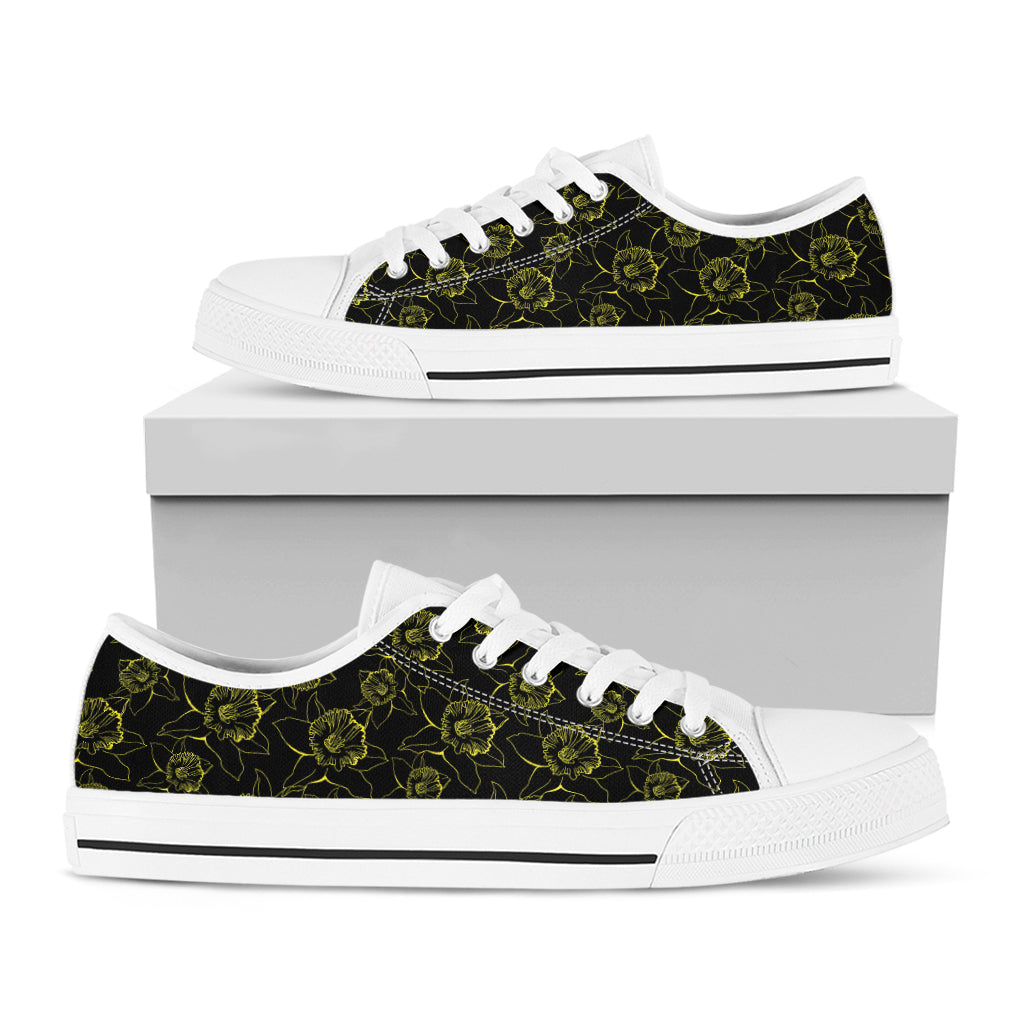 Black And Yellow Daffodil Pattern Print White Low Top Shoes