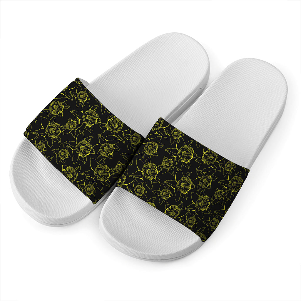 Black And Yellow Daffodil Pattern Print White Slide Sandals