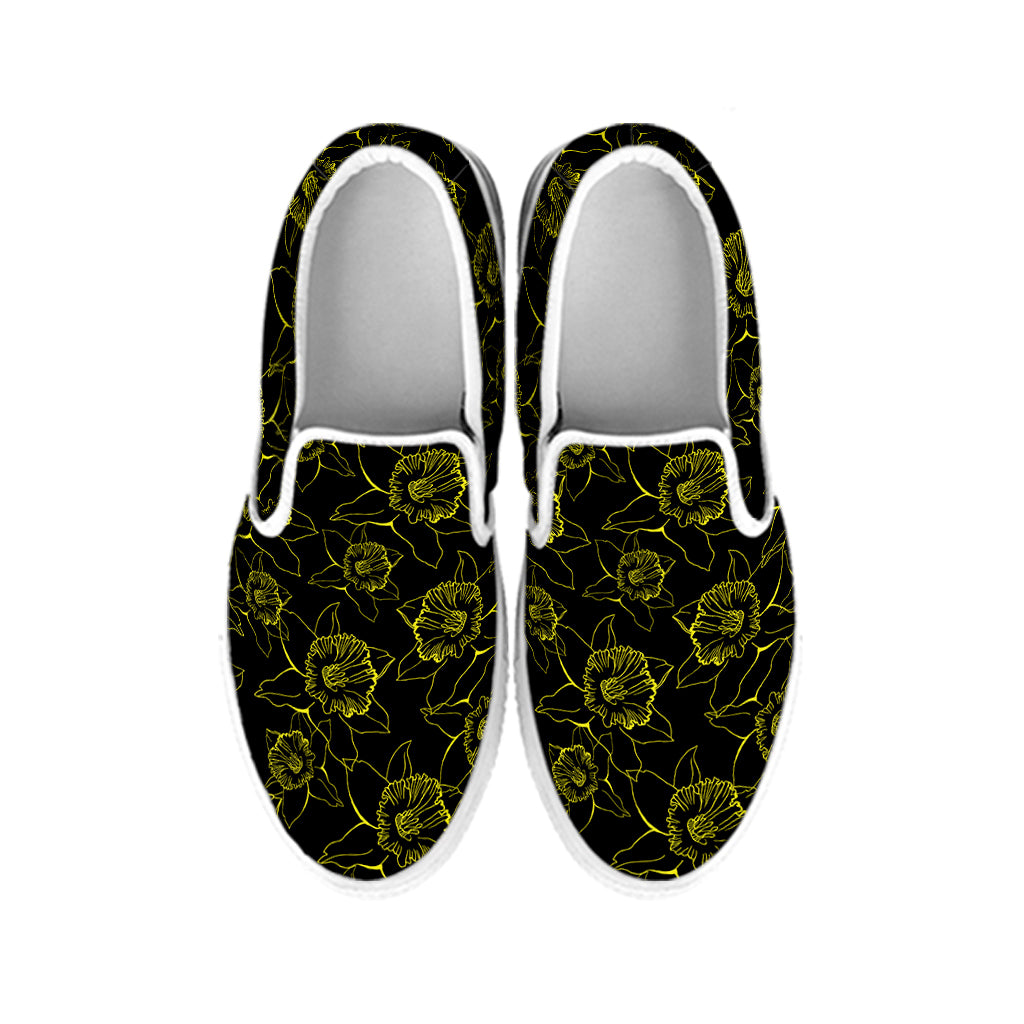Black And Yellow Daffodil Pattern Print White Slip On Shoes