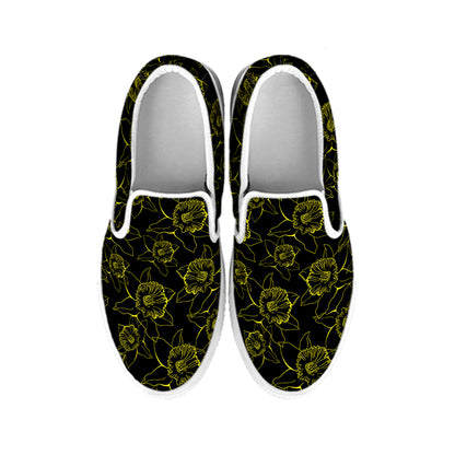 Black And Yellow Daffodil Pattern Print White Slip On Shoes