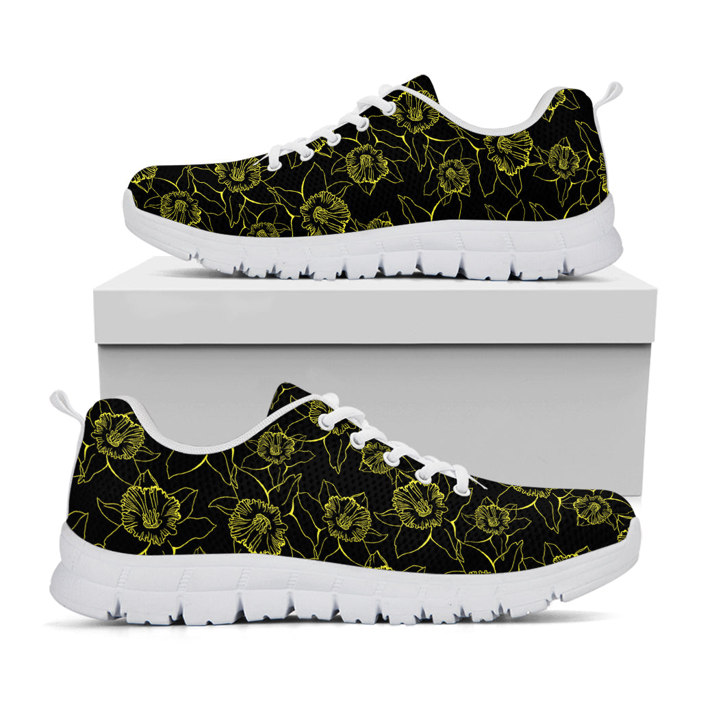 Black And Yellow Daffodil Pattern Print White Sneakers