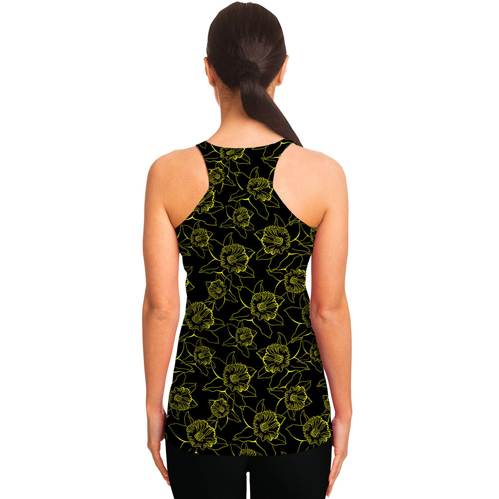 Black And Yellow Daffodil Pattern Print Women's Racerback Tank Top