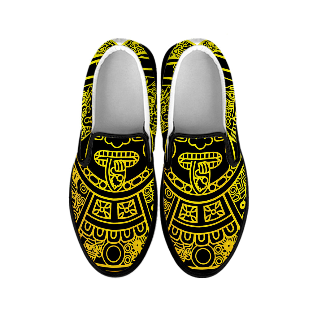 Black And Yellow Maya Calendar Print Black Slip On Shoes
