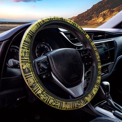 Black And Yellow Maya Calendar Print Car Steering Wheel Cover