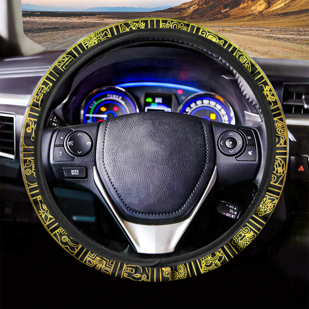 Black And Yellow Maya Calendar Print Car Steering Wheel Cover