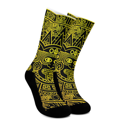 Black And Yellow Maya Calendar Print Crew Socks