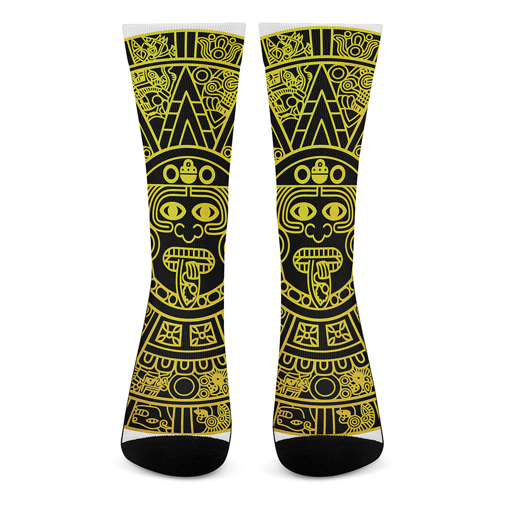 Black And Yellow Maya Calendar Print Crew Socks