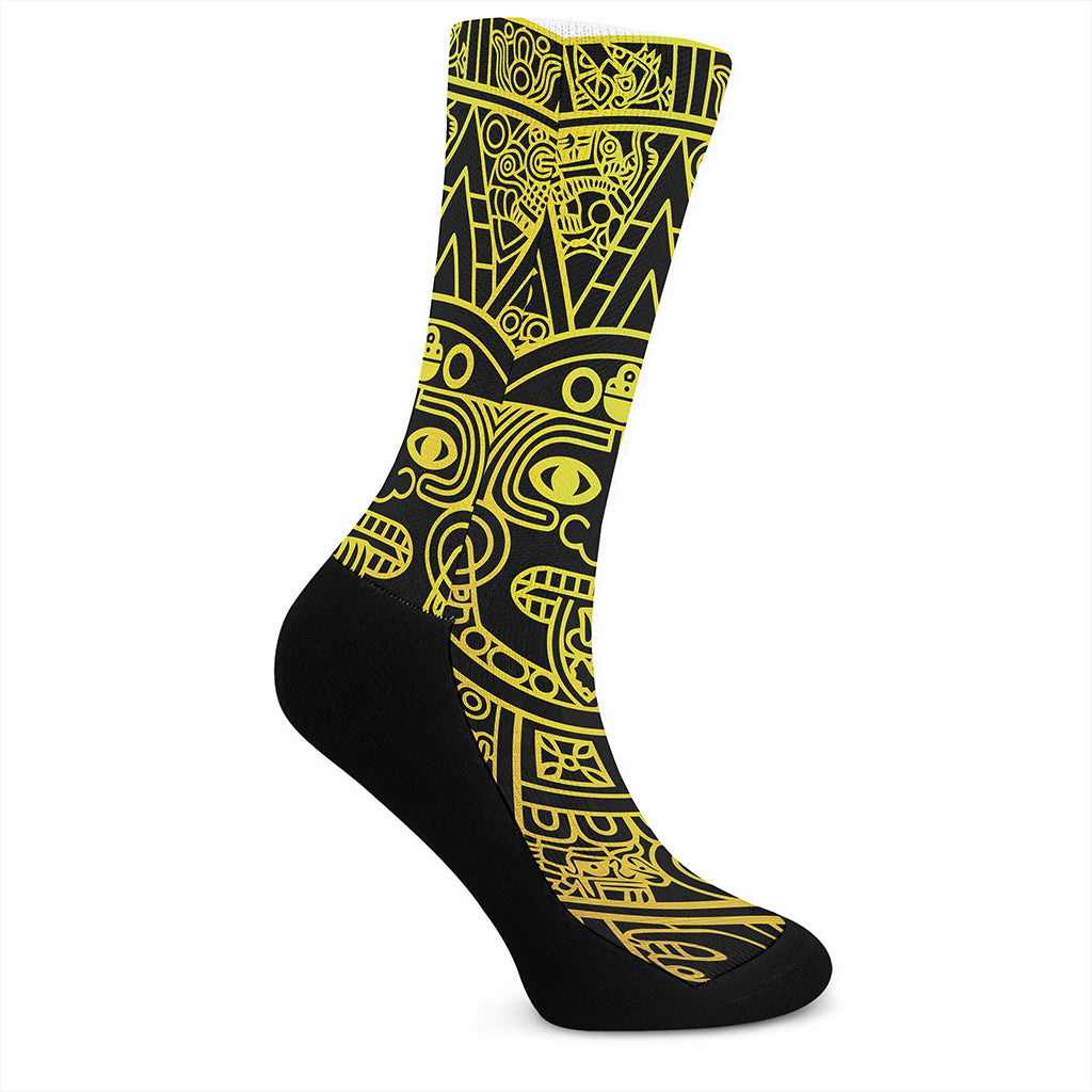 Black And Yellow Maya Calendar Print Crew Socks