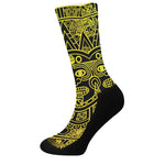 Black And Yellow Maya Calendar Print Crew Socks