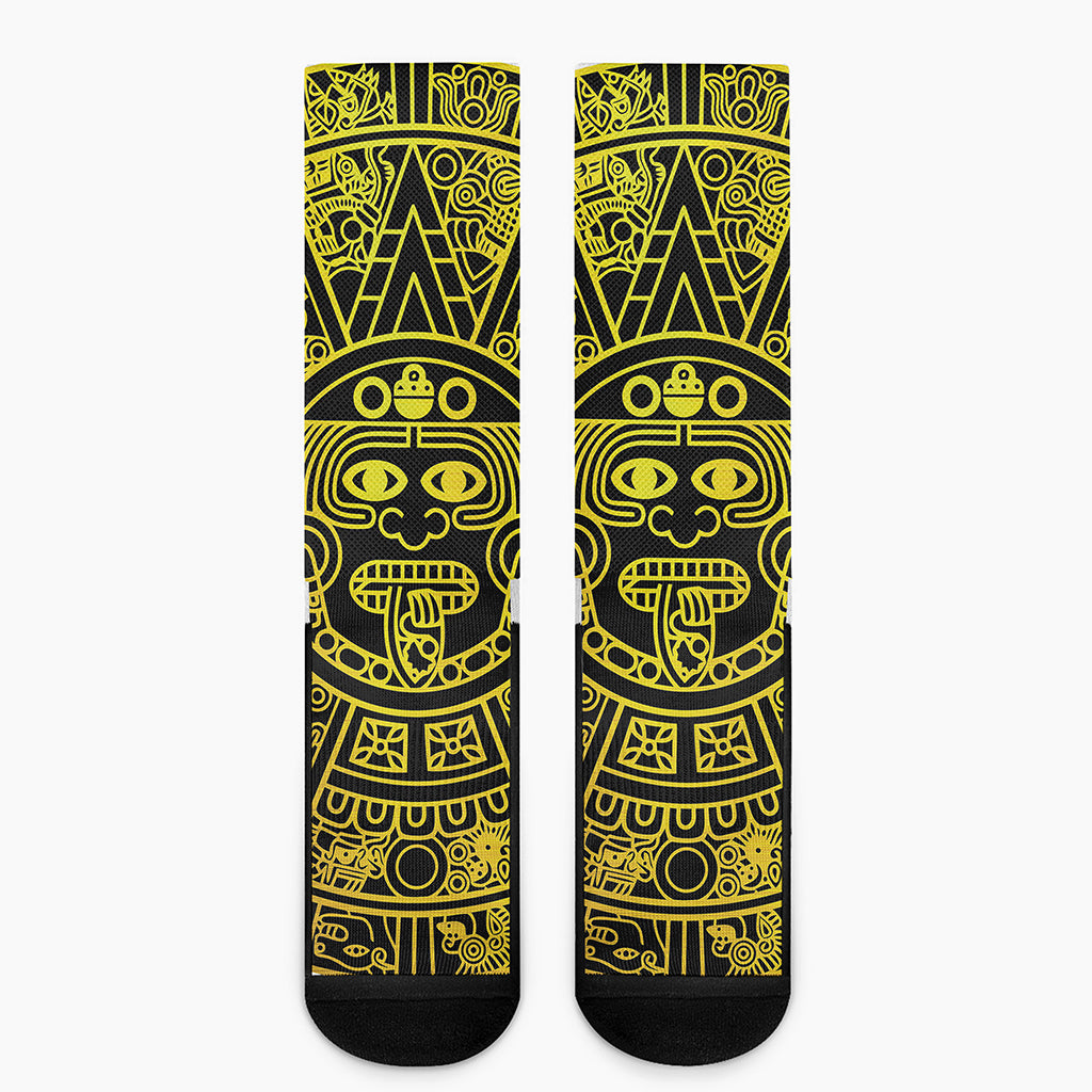 Black And Yellow Maya Calendar Print Crew Socks