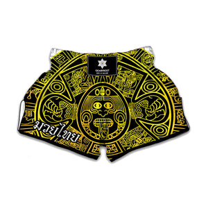 Black And Yellow Maya Calendar Print Muay Thai Boxing Shorts