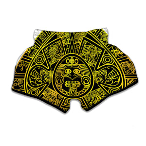 Black And Yellow Maya Calendar Print Muay Thai Boxing Shorts