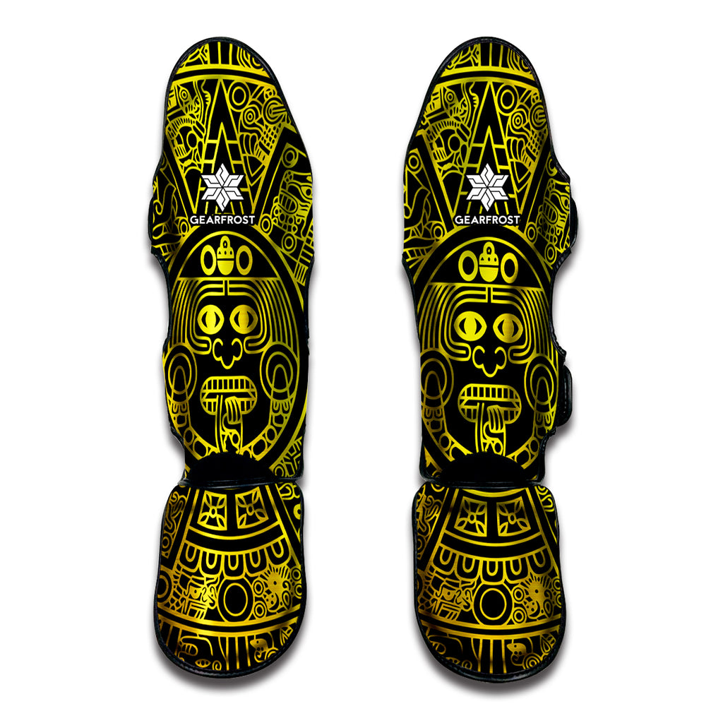 Black And Yellow Maya Calendar Print Muay Thai Shin Guard