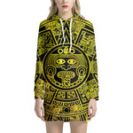 Black And Yellow Maya Calendar Print Pullover Hoodie Dress