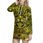 Black And Yellow Maya Calendar Print Pullover Hoodie Dress