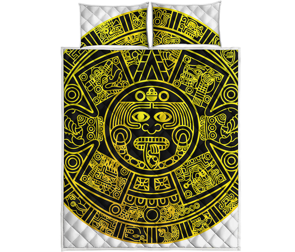 Black And Yellow Maya Calendar Print Quilt Bed Set