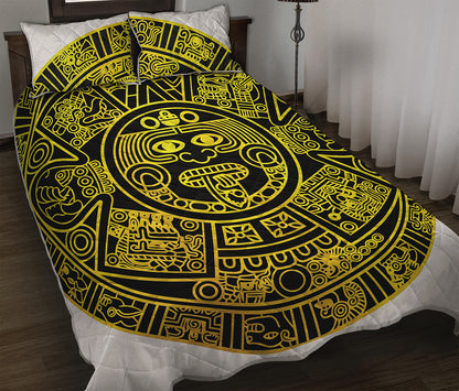 Black And Yellow Maya Calendar Print Quilt Bed Set