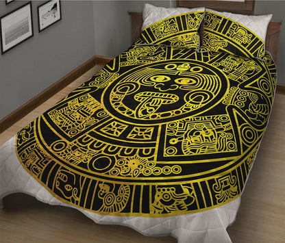 Black And Yellow Maya Calendar Print Quilt Bed Set