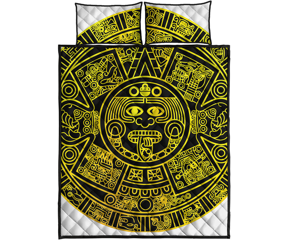 Black And Yellow Maya Calendar Print Quilt Bed Set