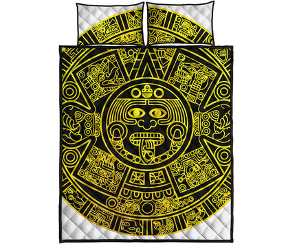 Black And Yellow Maya Calendar Print Quilt Bed Set